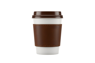 An elegant takeaway coffee cup wrapped in a brown leather sleeve with visible stitching and worn texture, isolated on a transparent background—symbolizing style, warmth, and handcrafted design.