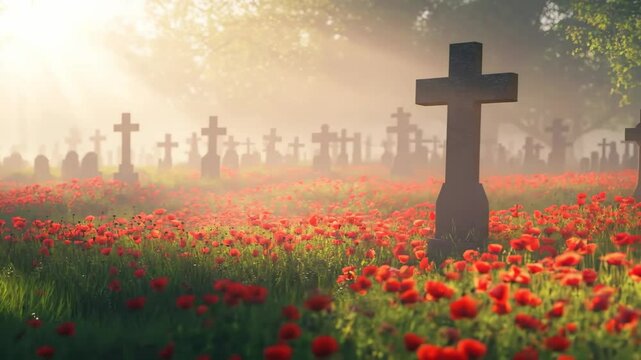 Red poppies blooming in a graveyard field with sun rays breaking through trees. Memorial place concept symbolizing remembrance, loss, or historical event footage.