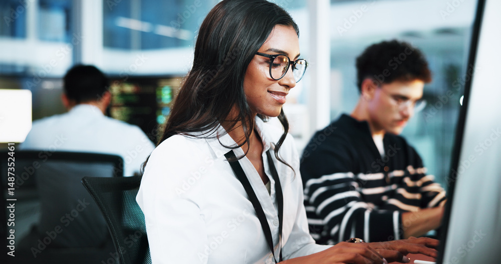 Poster Happy, woman and developer on computer in office for programming, software update and troubleshooting. Female person, pc and coding app with website development, testing server and system application
