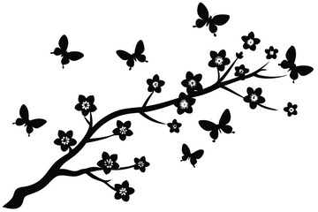 Silhouette flowers bloom upon the branch as butterflies flutter around on a white background