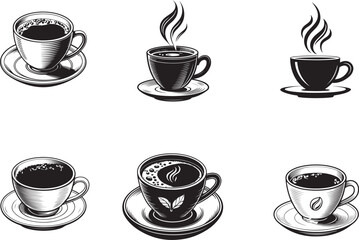 A diverse set of hot coffee and tea cups, mugs, and icons, perfect for any cafe or breakfast beverage design