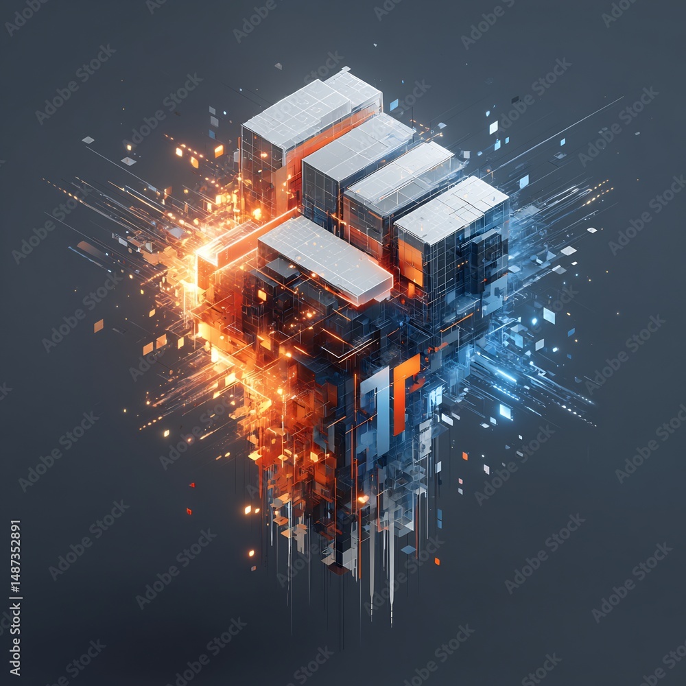 Poster dynamic energy flow emanating from a futuristic architectural geometric form