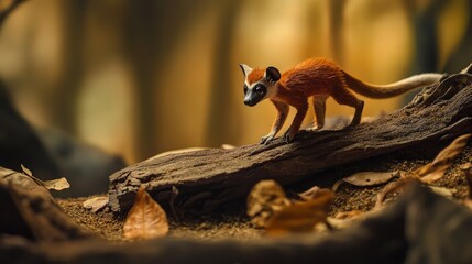 Obraz premium Small orange animal with white face walks on a log in a forest.