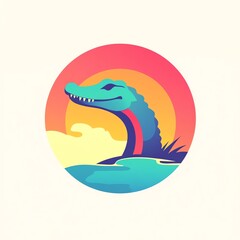 Naklejka premium Smiling Crocodile at Sunset A Vibrant, Abstract Logo Design Featuring a Cheerful Reptile Emerging from Water Against a Warm, Colorful Background
