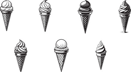 Vintage black and white vector illustrations of soft serve ice cream cones, swirl-style ice cream in waffle cones, hand-drawn dessert sketch, realistic shadows and textures, monochrome food art.