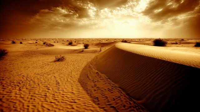 Serene Desert Landscape at Sunset with Dramatic Cloud Patterns and Sand Dunes in Warm Tones