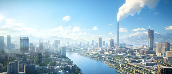 Obraz premium Aerial View Of Modern Cityscape With River And Industrial Zone