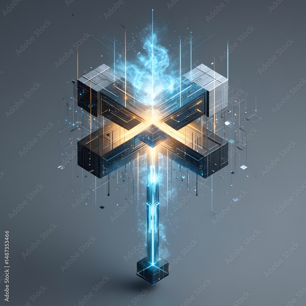 Poster futuristic intersecting block arrangement with radiant energy flow visualization