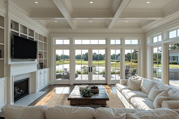 Beautiful coastal New England home with spacious living room, white walls and ceiling beams, fireplace with TV, built-in cabinets, coffee table, couches facing TV, glass doors to patio overlooking gol