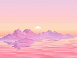 Pastel hues portray a serene landscape of mountains and water.