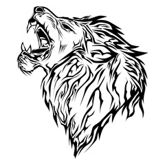 Black illustration of a roaring lion head. Perfect for stickers, logos, tattoos.