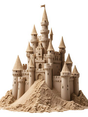 A castle made from beach sand on an isolated transparent background.