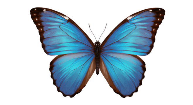 Blue butterfly with open wings in top view, isolated on transparent PNG background