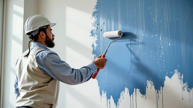 A construction worker paints a white wall blue using a roller, wearing a hard hat and safety vest.