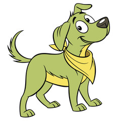 Cartoon green dog with yellow bandana on white background. Adobe Illustrator Artwork