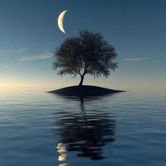 Tranquil island silhouette under a crescent moon.