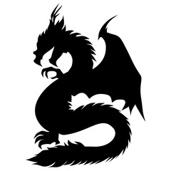A powerful black silhouette of a dragon with wings, claws, and a long, winding tail