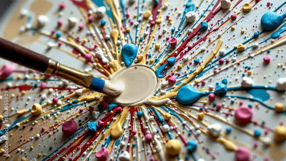 Aufkleber a paintbrush spreads colorful paint splatters in a radial, abstract pattern on a canvas.