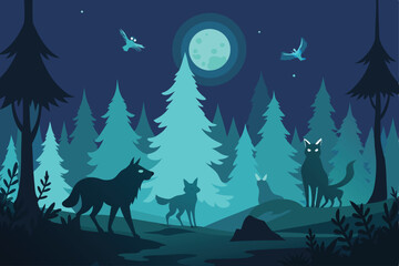 winter landscape with forest and moon