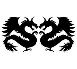 Two facing black dragon silhouettes with wings, claws, and serpentine bodies