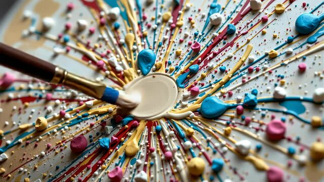 A paintbrush spreads colorful paint splatters in a radial, abstract pattern on a canvas.