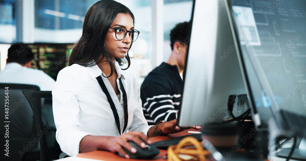 Poster Woman, developer and typing on computer in office for programming, software update and troubleshooting. Person, pc and coding for website development, testing server and monitor of system application