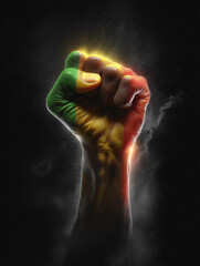 Powerful symbolic Juneteenth featuring a raised Black fist painted in Pan-African colors, radiating pride, strength, and freedom.
