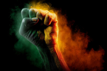 Powerful symbolic Juneteenth featuring a raised Black fist painted in Pan-African colors, radiating pride, strength, and freedom.
