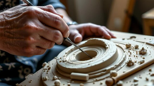 A person precisely carving intricate patterns into a circular clay object with a sculpting tool.