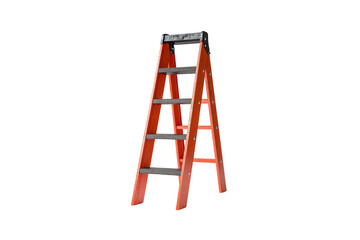 Bright red step ladder with black treads and top tray, durable construction with side bracing, isolated on a transparent background