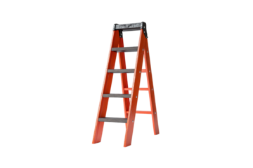 Bright red step ladder with black treads and top tray, durable construction with side bracing, isolated on a transparent background