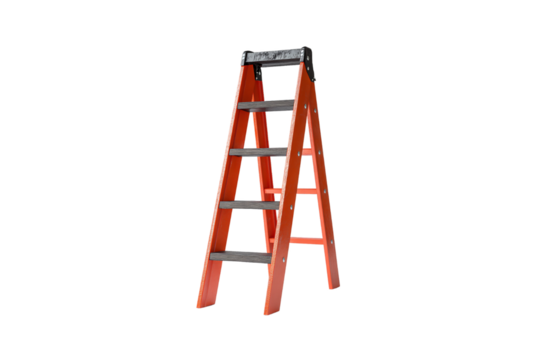 Bright red step ladder with black treads and top tray, durable construction with side bracing, isolated on a transparent background