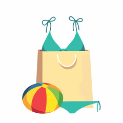 Colorful swimwear and bag with beach ball, summer vibes