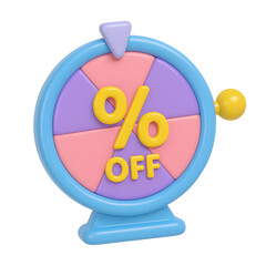 3D Discount Spin Wheel with Percent and OFF Text in Glossy Pastel Cartoon Style on Transparent Background