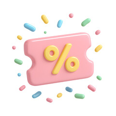 Discount Ticket with Confetti and Percent Sign in Pink 3D Cartoon Style with Transparent Background