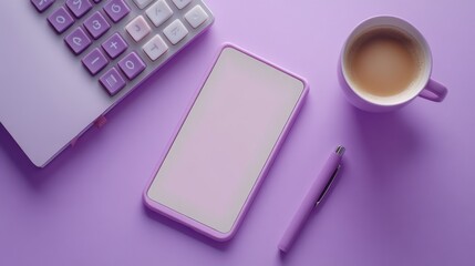 Budget flat lay with laptop notebook calculator smartphone coffee cup glasses and financial statement reports on blush pink to sky blue gradient pastel background