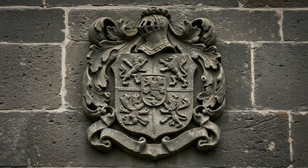 Stone Carved Coat of Arms on Brick Wall Ancient Heraldry