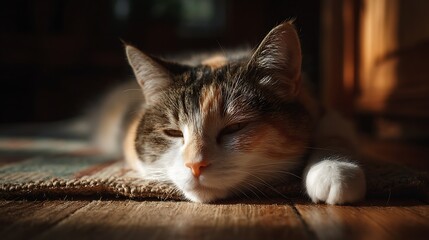 Calico cat rests in warm morning sunlight indoors