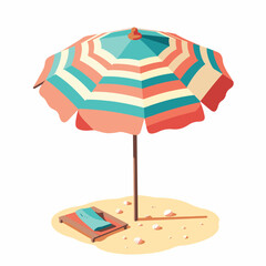 Retro striped beach umbrella with towel and seashells, summer vibes