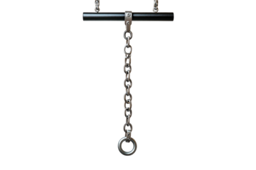 Metal hanging chain with ring, attached to horizontal black bar, industrial design element, isolated on a transparent background
