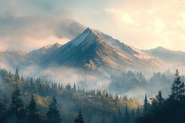Obraz premium Misty mountain peaks rise above a valley filled with pine forests.