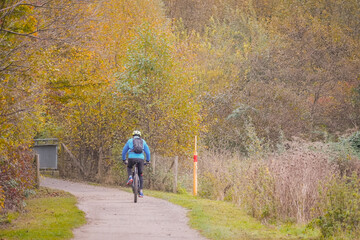 Person in a blue jacket cycling in the far on a gravel path with autumn trees around, North Rhine-Westphalia, Germany