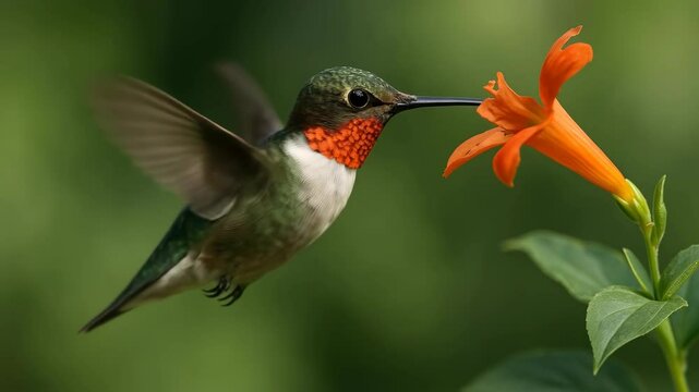 Close-up video of a hummingbird feeding on an orange flower, captured from a side angle, showcasing vibrant colors and delicate details. Live desktop wallpaper.
