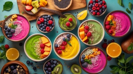 Fototapeta premium Colorful bowls of healthy fruit smoothies and toppings.