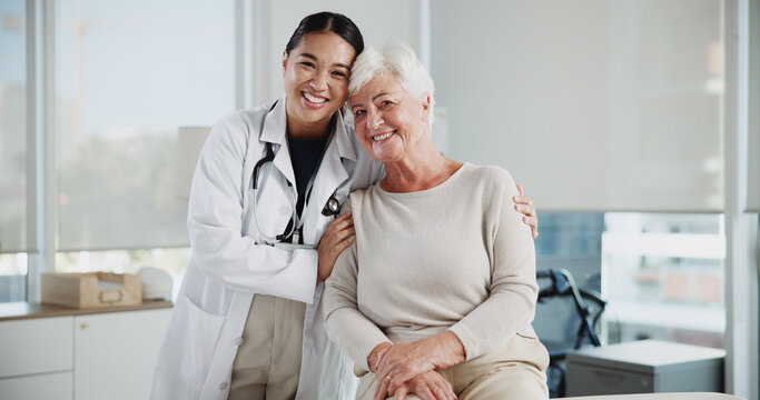 Senior woman, doctor and hug in portrait at clinic with support, kindness and medical services. People, elderly patient and embrace with healthcare, happy and together for consulting at hospital - Powered by Adobe