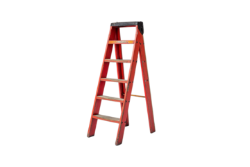 Weathered red stepladder with black top tray and angled side supports, five steps, sturdy old-fashioned style, isolated on a transparent background