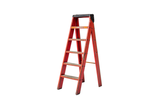 Weathered red stepladder with black top tray and angled side supports, five steps, sturdy old-fashioned style, isolated on a transparent background