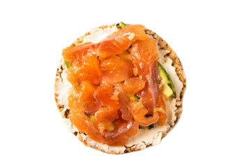 Toast cereal with red fish, cheese and avocado. Healthy breakfast. White background, isolate