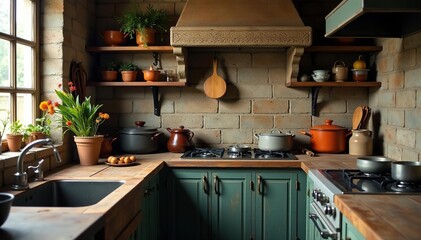 Rustic kitchen, worn wooden countertop, vintage cookware, baking, background, utensils