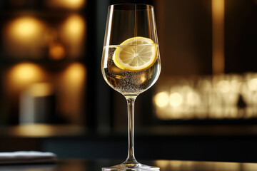 Glass of wine with lemon slice.